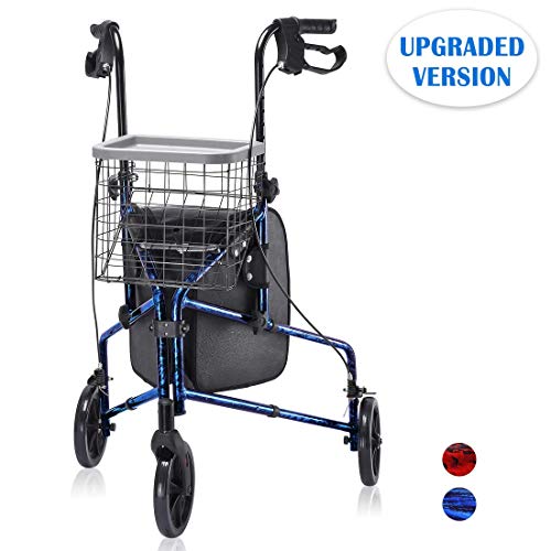 Upgraded Version ! Health Line Massage Products Lite Folding 3 Wheel Aluminum Rollator Walker Lightweight with Bag and Basket, Blue