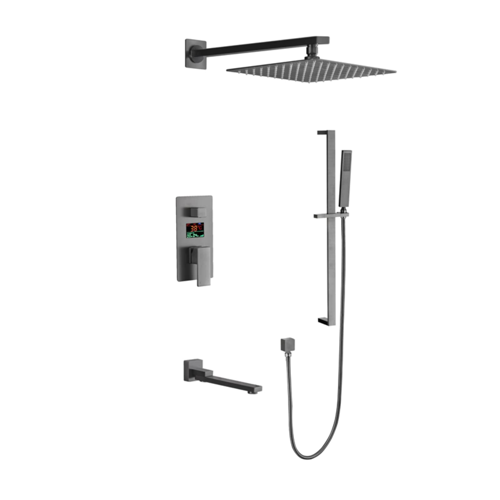 WOTZOV Shower System Wall Mounted Faucet Set With Led Digital Display Combo 10" Rain Head Mixer With Bathtub Spout, Handheld, 27.5" Rod,Black，Gun Grey