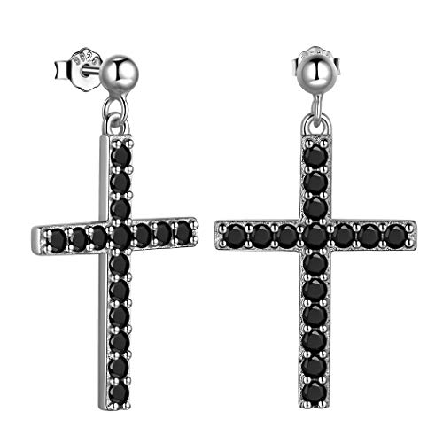 Black Dangle Earrings with Cross for Guys Mens Earrings Cross 925 Sterling Silver Cross Dangle Drop Earrings Punk Ball Stud Hypoallergenic Jewelry FE0136B