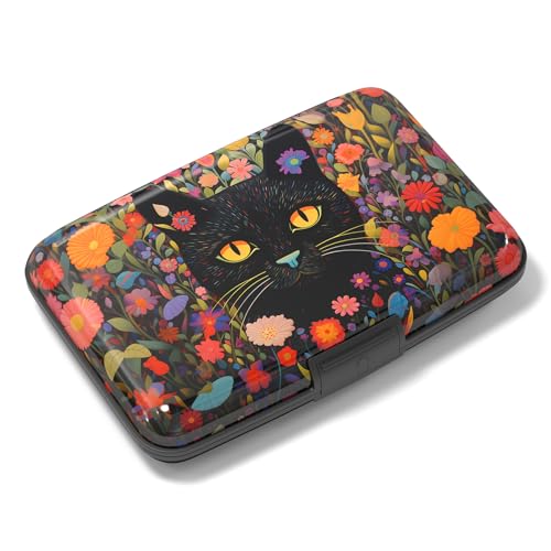 Image of Rimilak Aluminuml Credit Card Holder, Mini Credit Card Wallet RFID Blocking Slim Metal Hard Case for Women Men, Flowers Cat