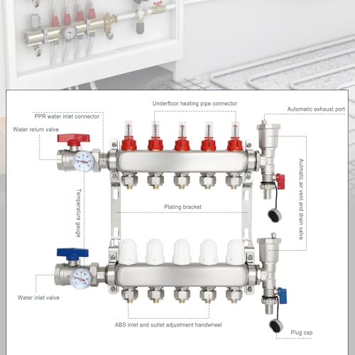 Image of Dollate Radiant Floor Manifold Set 5 Loop Manifold Kit Stainless Steel 1 /2 inch Pex Tubing for Hydronic Radiant Floor Heating