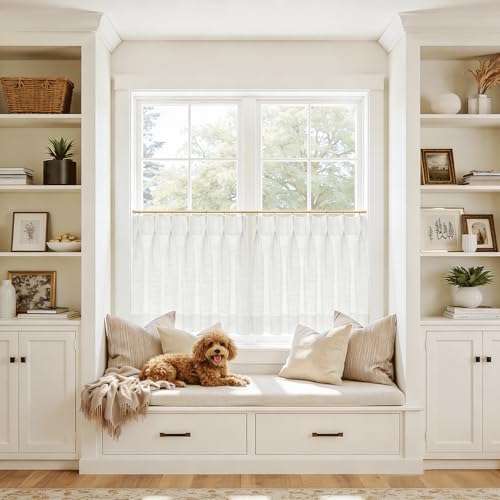 Image of TWOPAGES 52 inch inch W x 36 inch inch L Linen Blend Cafe Curtains for Kitchen Window, Light Filtering Pinch Pleated Tier Curtains, Modern Farmhouse Half Window Curtains for Bathroom, Beige White, 2 Panels