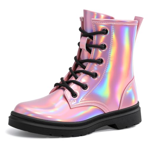 shoeslocker Girls Ankle Boots with Side Zipper & Lace Up – Stylish Comfort Shoes with Glitter for Toddlers Little Kids & Big Kids pink 11