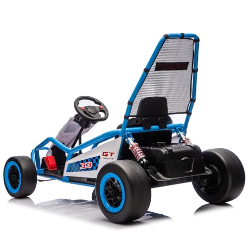 24V 8.5 MPH Electric Go Kart for Kids, 400W Powerful Drift Kart w/Front EVA Wheel & Metal Frame, Ride on Toy w/Music & Lights, Suspension, 2 Speed, 5 Point Harness, Crazy Cart for Ages 6+, Blue