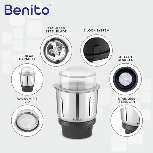 Image of Benito PRO Stainless Steel Chutney Jar(500ml) for Mixer Grinder - Compatible with 4-Teeth Coupler & Dual Locking System