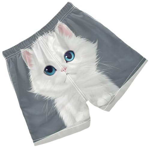 Pigsaly Boys Swim Trunks Cartoon White Cute Cat Persian Kitty Boys Board Shorts Swimsuit Swimwear Summer Bathing Suit 4T2