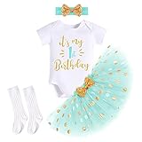 FYMNSI Baby Mädchen 1. Erster Geburtstag Party Outfit Baumwolle Kurzarm Body Strampler Prinzessin Gepunktet Tütü Rock Pailletten Schleife Stirnband Socken 4tlg Bekleidungsset Grün