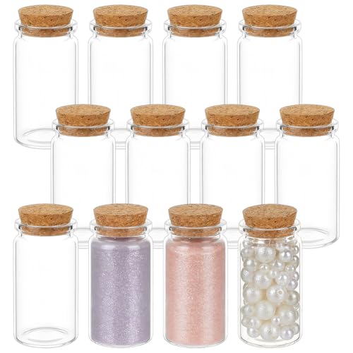 BENECREAT 12 mini botellas de cristal con tapón de corcho, botellas de deseos, botellas con mensajes para suministros para fiestas de boda, manualidades, 50 ml