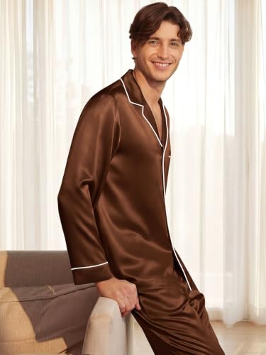 Image of Lonxu Pajamas Set Mens Silk Satin Pajamas Long Sleeve Loungewear Two-Piece Sleepwear Button-Down Pj Set S-XXXXL