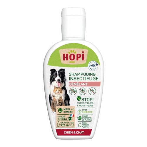 HOPI Shampooing Démêlant Anti Puces Chat et Chien 250 ML - Protection idéale pour repousser Les Puces, Les Tiques et Les Moustiques - Extraits de Plantes - Pratique et Facile - Fabriqué en France