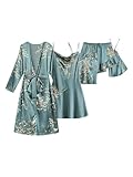 GORGLITTER Women's 5 Piece Floral Print Satin Silk Pajama Set Nightgown Robe Cami Shorts Sleepwear Pj Sets Green Large