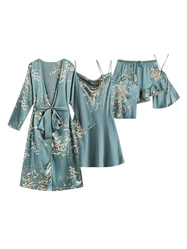 GORGLITTER Women's 5 Piece Floral Print Satin Silk Pajama Set Nightgown Robe Cami Shorts Sleepwear Pj Sets
