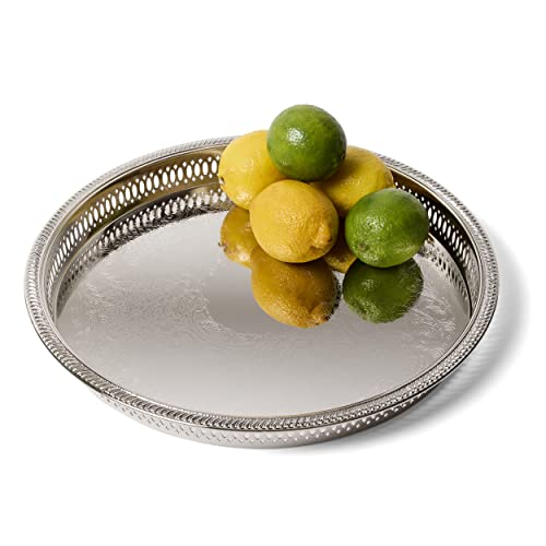 Elegance 8924N Round Metal Serving Tray,12.75 Inch Nickel Plated Bar Tray With Decorative Embossing Serves Champagne,Whiskey And Drinks – Silver Tone Drink Tray,Perfume Tray,Ottoman Tray thumb #1