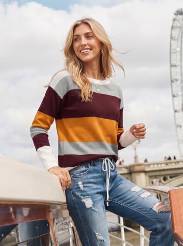 Image of Dokotoo Womens Sweaters Striped Fall Winter Outfits Drawstring Color Block | Long Sleeve,Crewneck,Lightweight Fashion Clothing,Teachers Comfy Outfits,Business Casual Tops,Vacation Wear