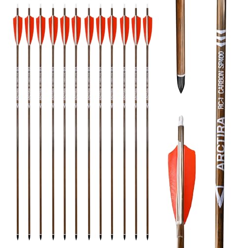 ARCTIRA 12Pcs Archery Traditional Carbon Arrows for Recurve Bow with Feather for Longbow Compound Bow Lightweight Hunting Arrows for Adults Target Practice (Brown Shaft 600 Spine)