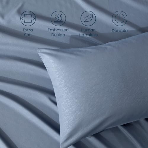 SLEEP ZONE King Size Sheets Set, 4 Piece Hotel Luxury Embossed Bedding Sheets with Fitted Sheet, Flat Sheet & 2 Pillowcases - Deep Pocket (Honeycomb Flint Blue)
