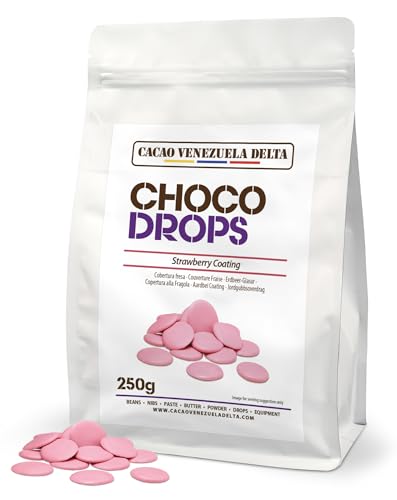 Cacao V Delta Cobertura sucedanea profesional de Chocolate Rosa Sabor Fresa 250g para Repostería – Callets Sucedáneos Fácil de Fundir para Tartas, Cake Pops, NO Necesita Templado/Temperado