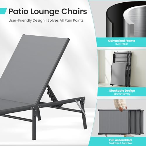 Image of Amopatio Outdoor Lounge Chairs Poolside Chaise Lounge for Patio | Foldable & Portable & Stackble Weather Resistant Frame Breathable Textilene 5-Position Adjustable Backrest 400 LBS Capacity