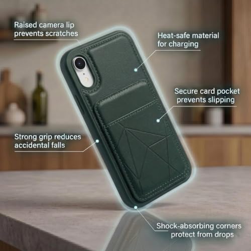 Image of amazon basics Premium Vegan Leather Back Cover with Card Holder and Integrated Mobile Stand for iPhone XR - Slim Shockproof Wallet Case with Geometric Stitching [Green]