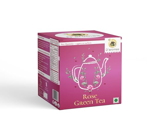 Image of D'aromas Rose Green Tea Bags | Pure Rose Petals Infusion | Delicate Floral Aroma | Refreshing & Aromatic Herbal Tea | 10 Tea Bags (1.5g Each) | D'aromas Herbal Tea
