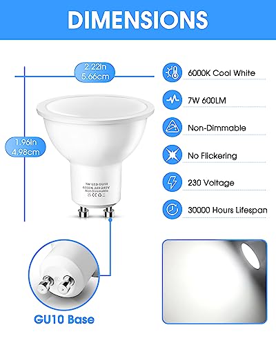 Flaspar GU10 LED Light Bulbs 60W Equivalent, 6000K Daylight White, 7W 600LM GU10 LED Bulbs 6 Pack - Image 2