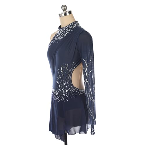 DIJITOO Vestido de patinação artística, malha simples, costas nuas, strass, competição, fantasia, co
