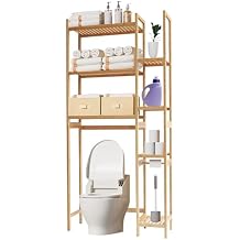 Proman Products Santa Fe Over The Top Bamboo Toilet Storage Customizable Shelf Rack with Toilet Paper Holder, Freestanding Bathroom & Laundry Organizer