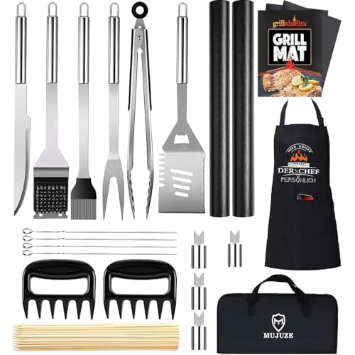 Grillbesteck mit Grillschürze für männer,21-teilig Edelstahl Grillset Grill Zubehör,grillzubehör männer geschenk mit Grillschürze für männer,Grill zangenset,Komplette BBQ Grillwerkzeug-Set Camping