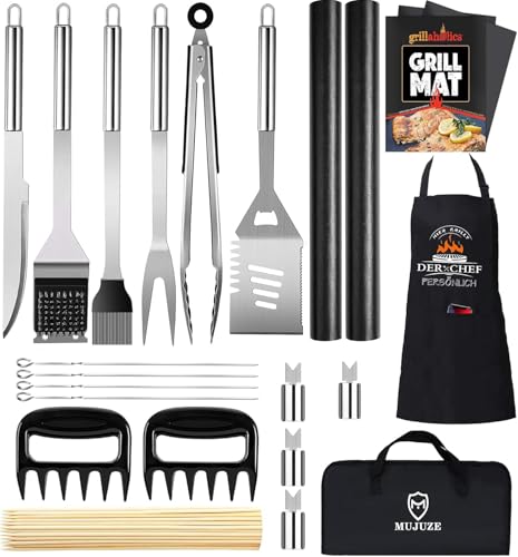 Grillbesteck Set,Grillzubehör Männer Geschenk Weihnachten,Edelstahl Grillkoffer Set of 21,Grillen Zubehör mit Grillzange Grillspachtel und Grillschürze, BBQ Grill Set Ideales für Outdoor und Camping