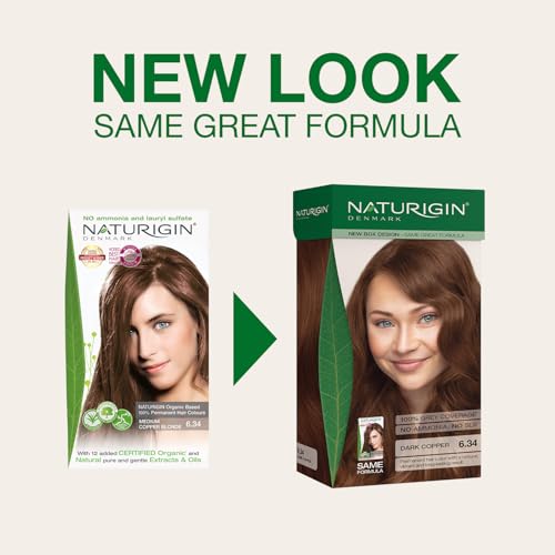 Image of Naturigin Permanent Hair Color, 6.34 Dark Copper, Ammonia Free, 100% Gray Coverage, Nourishing Natural Formula, For All Hair Types, Long-Lasting, Vegan & Cruelty-Free, 1 Pack
