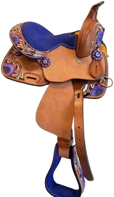 Leather Barrel Racing Western Horse Saddle Handmade Premium Custom Cowboy Cowgirl Pleasure Comfort Trail Tack Equestrian Tooled Carved Pony-Adult Saddle for Riding Size: 10-18 inch Seat, MO-05