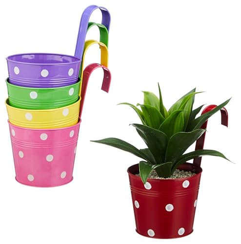 Image of Amazon Brand - Solimo Dotted Round Railing Planter for Balcony (Multicolor, Set of 5) | Dotted Railing Metal Pots for Balcony and Home Gardening, Indoor, Outdoor
