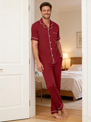 Image of Mens Pajamas Set Short Sleeve Sleepwear Button Down Loungewear Set Soft Modal 2Pcs Pj Set with Pockets S-3XL