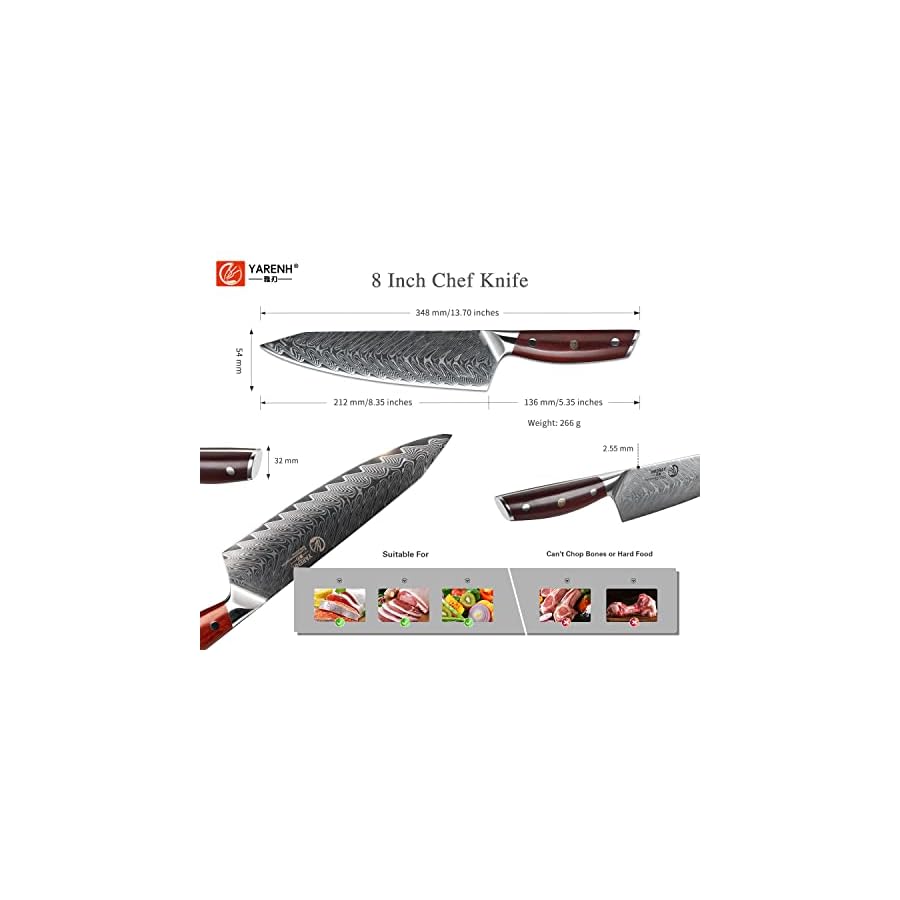 YARENH-Chef-Knife-8-inch-Gyutou-Professional-Kitchen-Knife-Sharp-Damascus-Stainless-Steel-Blade-67-Layers-High-CarbonFull-TangAfrican-Sandalwood-HandleGift-Box-Packaging-KTF-Series YARENH Chef Knife, 8 inch Gyutou Professional Kitchen Knife, Sharp Damascus Stainless Steel Blade, 67 Layers, High Carbon,Full Tang,African Sandalwood Handle,Gift Box Packaging, KTF Series