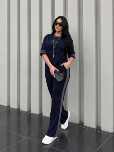 Image of Tracksuit for Women | Casual Brown Loungewear 2 Piece Set | Short Sleeve T Shirt and Wide Leg Pants with Side Stripes | Sports Jogging Co ord Matching Sweatsuit(40-N-1-4)