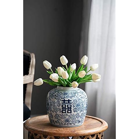 A&B Home Blue and White Ceramic Ginger Jar with Lid Ancient Chinese Oriental Style Multi Purpose 7.9" x 7.9" x 9.4" Cover