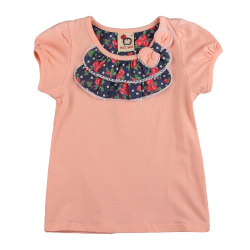 Richie House Little Girls' Peach Top with Rose Denim and Lace Accent Collar