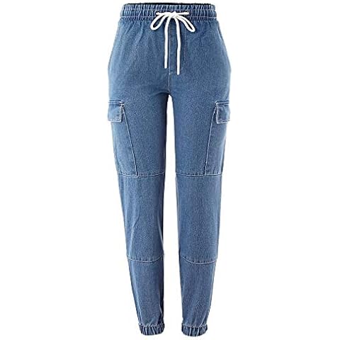 Women Pull on Slim Fit Classic Cargo Denim Joggers Elastic Waist Stretch Pants - blue - Large Cover