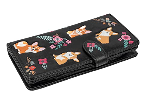 Shag Wear Women's Premium Vegan Clutch Cardholder Wallet Zipper Purse with Pretty Corgi Pattern, Black3