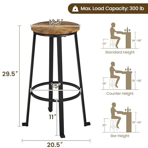 Butacos de bar Yaheetech, set de 2, estilo industrial con patas de metal, color marrón rústico, capacidad de 136 kg por butaco, estructura de metal y asiento de madera MDF resistente al agua, patas ajustables para evitar rayones en el piso miniatura 3