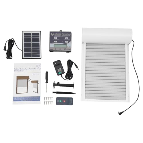 NaMaSyo Puerta automática de pollo eléctrica solar con pantalla LCD, mando a distancia, funcionamiento solar, sensor de luz, temporizador de 4 modos para aves de corral (blanco)