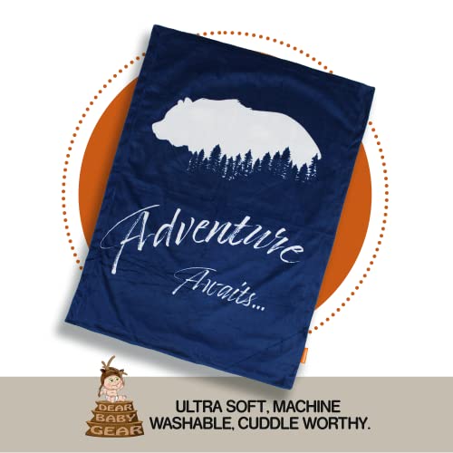 Image of Dear Baby Gear Bears Deluxe Baby Blanket - Reversible, Milestone & Newborn Gifts - White Bear, Adventure Awaits - Reversible with White Bears and Pine Trees on Navy Blue - 40 inch x 30 inch