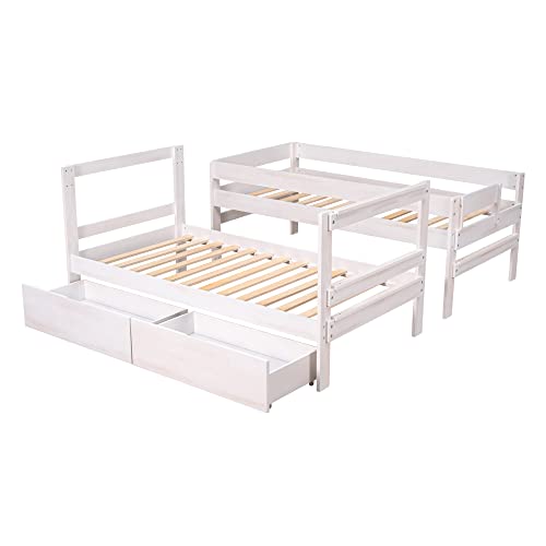 Lifeand Twin Over Twin Wood Bunk Bed With 2 Drawers,Can Divided Into 2 Separate Beds,White #TOP3