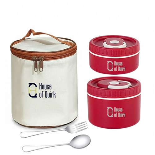 Image of House of Quirk 304 Stainless Steel Bento Lunch Box for Adults, 2 Stackable Containers with Insulated Thermal Case, Microwave Safe & Portable (Red)