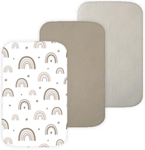 Image of Muslin Bassinet Sheets for Baby Delight Beside Me, BCOL, Chicco LullaGo, Delta Children Bondi, Skylar, Semphis by TansyPanda, 3PC, 20x32 in, Ultra Soft, Breathable, Snug Fit, Unisex Boys Girls, Maadi