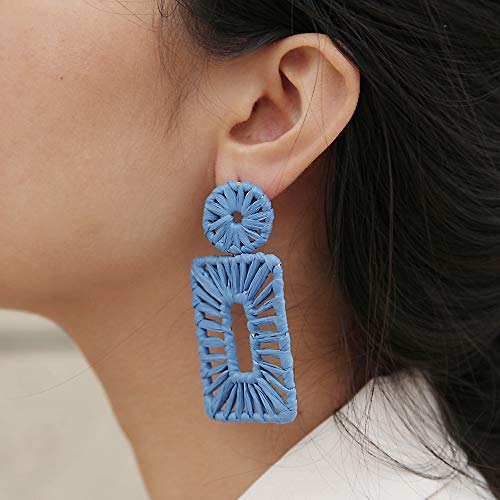 Statement Raffia Earrings Boho Drop Earrings Geometric Dangle Earrings For Women Handmade Straw Earrings Beach Earrings For Girls(Blue) #TOP5