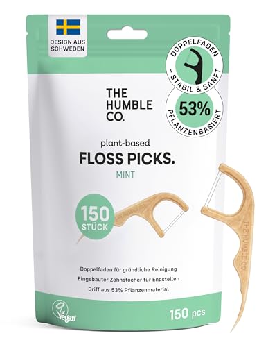Zahnseide Stick pflanzlich und nachhaltig von The Humble Co. - 150 Stück Zahnseide Sticks mit Doppel-Faden zur Zahnreinigung Zwischenräume, frische Minze, von Zahnärzten empfohlen Zahnseidesticks