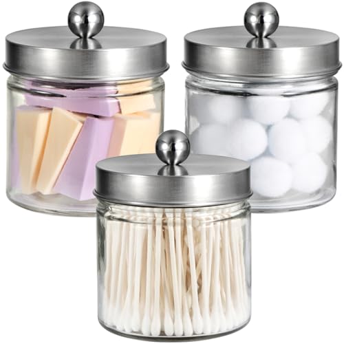 SheeChung Bathroom Organizers and Storage - 3Pack Qtip Holders Bathroom Canister Apothecary Jars for Cotton Swabs, Rounds, Balls, Qtips,Makeup Sponges, Flossers,Bath Salts - Brushed Nickel