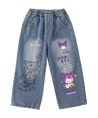 Anime High Waisted Straight Leg Jeans for Girls Cartoon Printed Denim Long Pants with Pocket