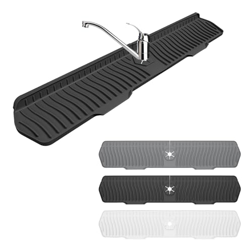 Image of Faucet Guard - 90 Foldable Draining Mat for Kitchen & Bathroom Sink with 2 Drain Ports (Black, 29.9 inch*5.9 inch)